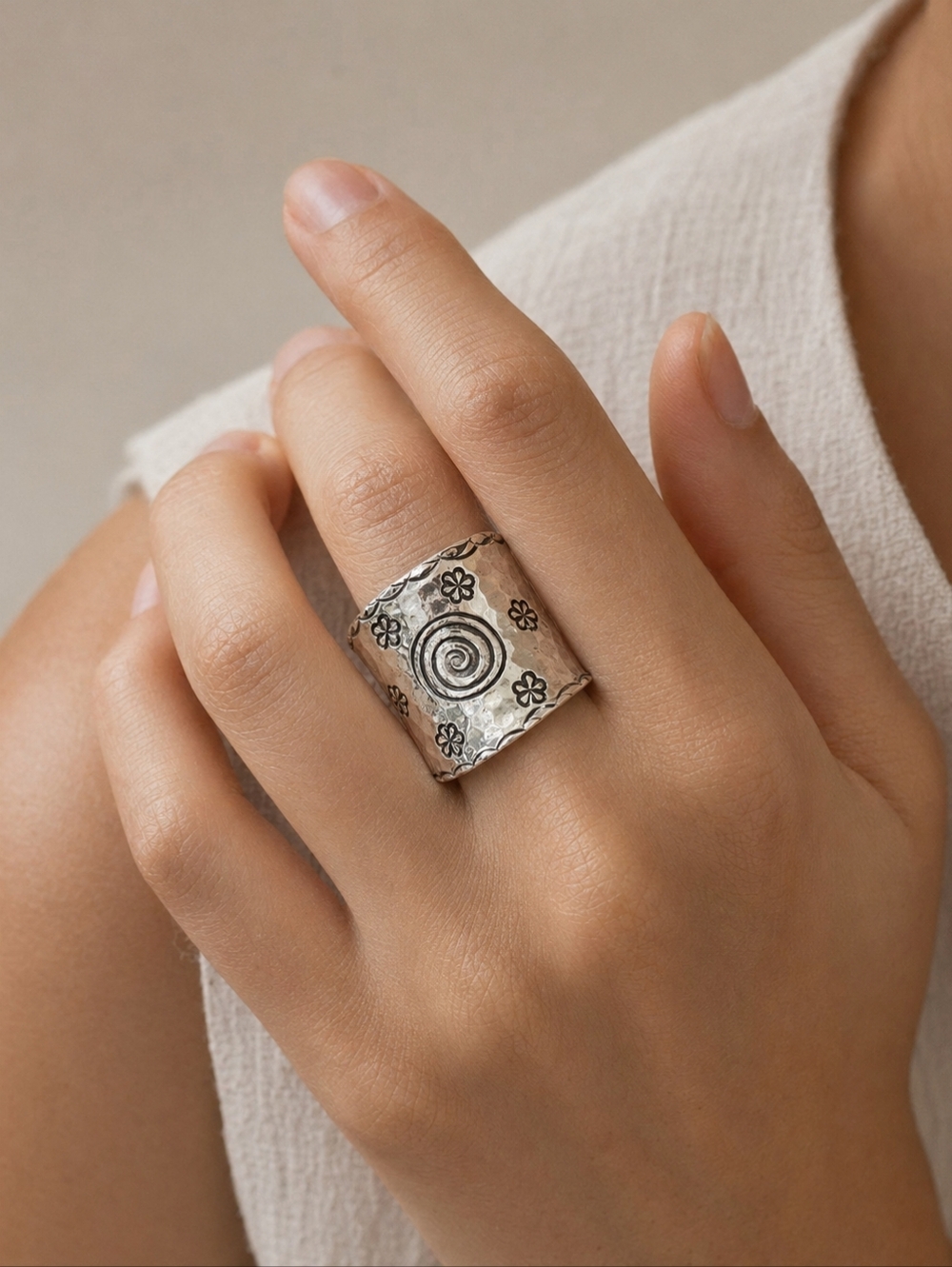 Sterling Silver Handcrafted Wide Band Ring | Floral & Spiral Design | Size 6.75